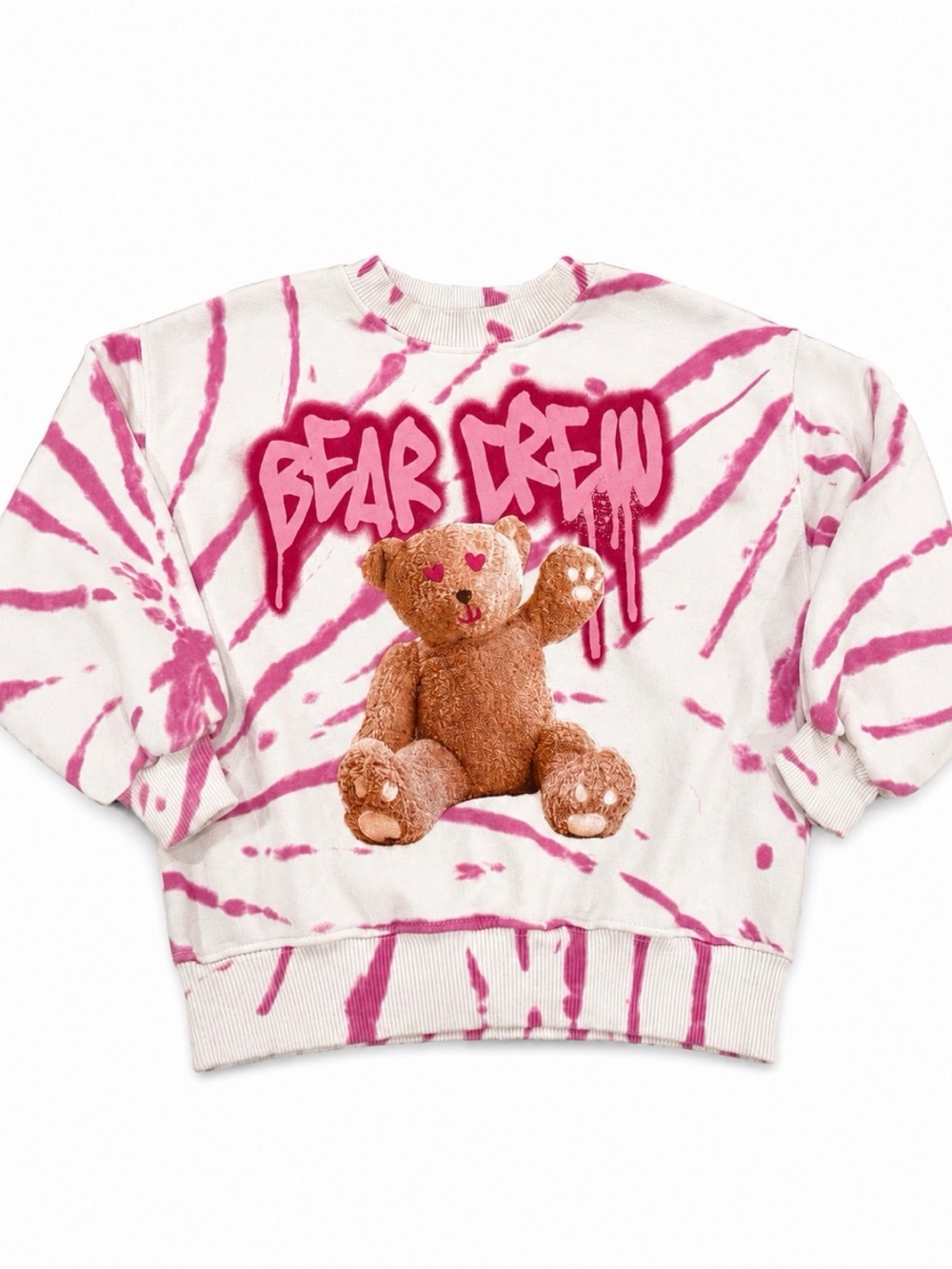 Zara Kids White & Pink Tie-Dye Teddy Bear Crew Sweatshirt